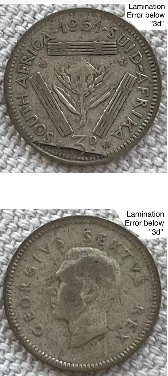 Rare lamination error 1951 SA 3d tickey. Error is below "3d".