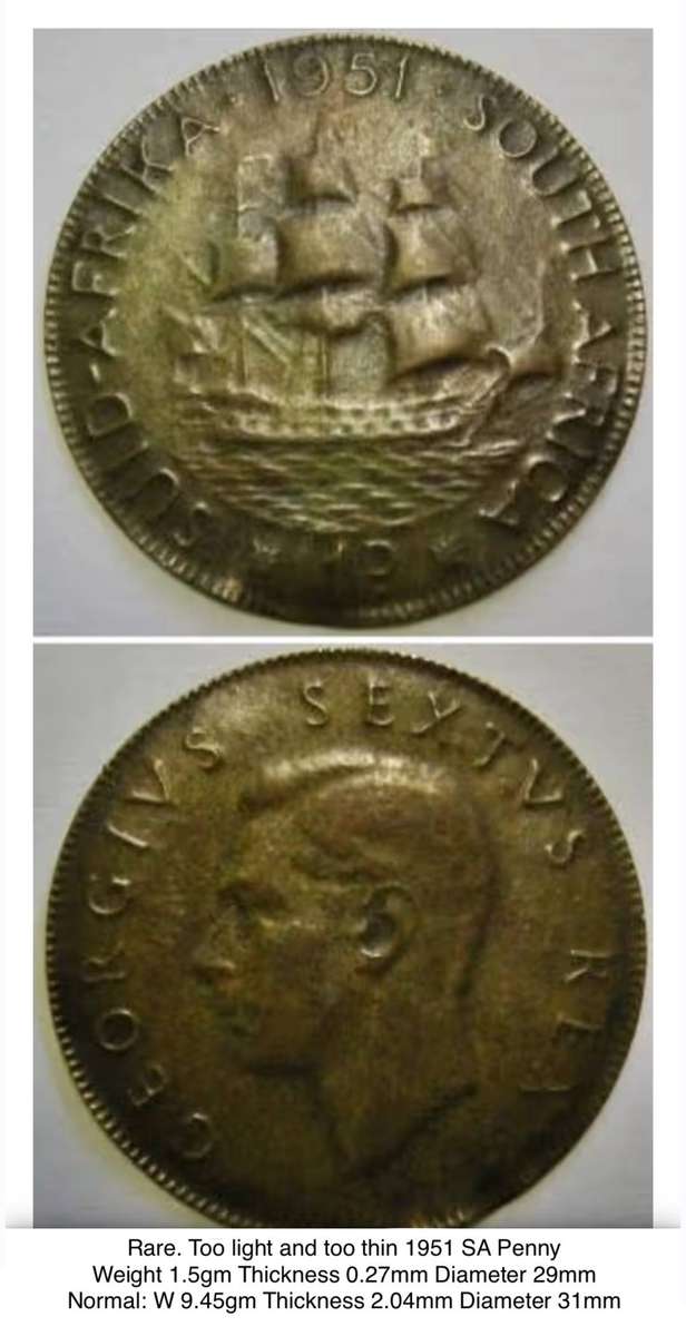 Rare 1951 SA Penny ultra thin. Very light 1.5gm, 027mm thick. Diameter 29mm. Error? Normal is 9.5gm.