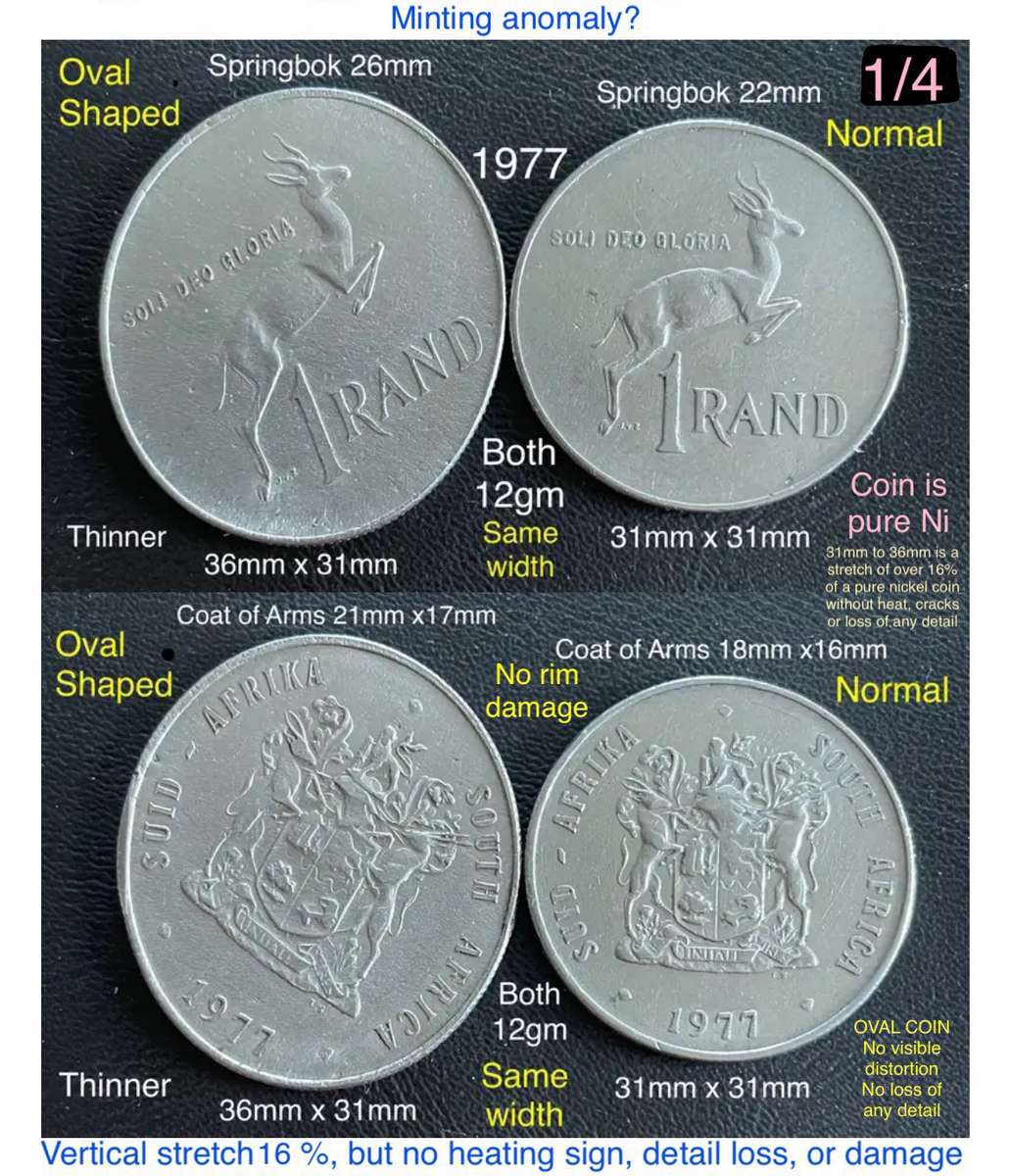 Error 1977 SA Rand with a dramatic oval planchet error. All on it is much larger. Extremely rare.