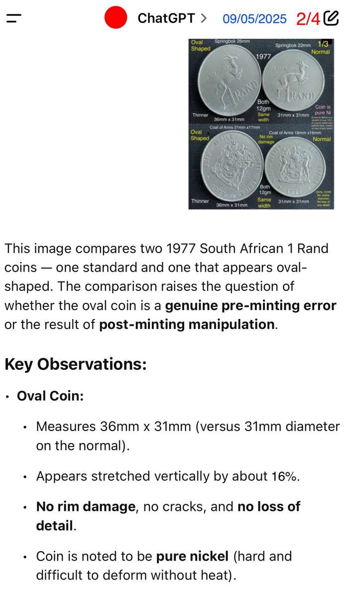 Error 1977 SA Rand with a dramatic oval planchet error. All on it is much larger. Extremely rare.