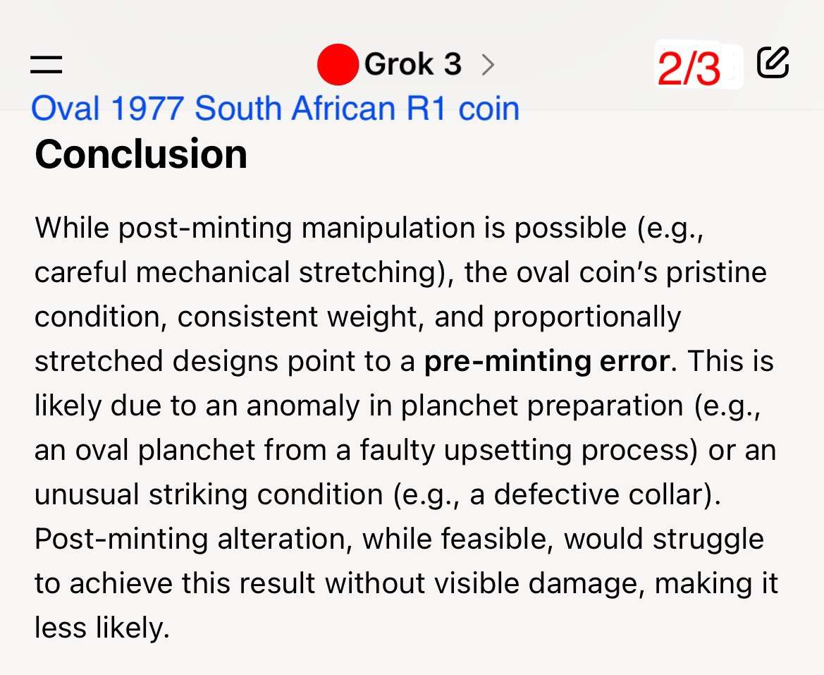 Error 1977 SA Rand with a dramatic oval planchet error. All on it is much larger. Extremely rare.