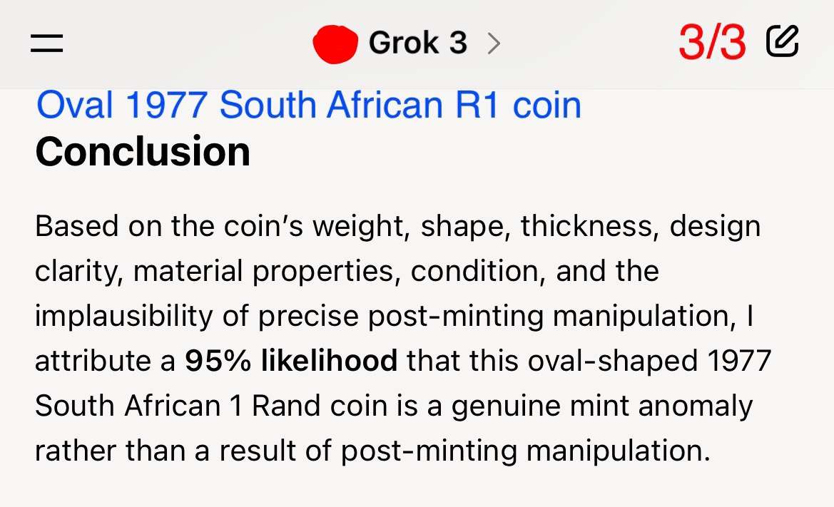 Error 1977 SA Rand with a dramatic oval planchet error. All on it is much larger. Extremely rare.