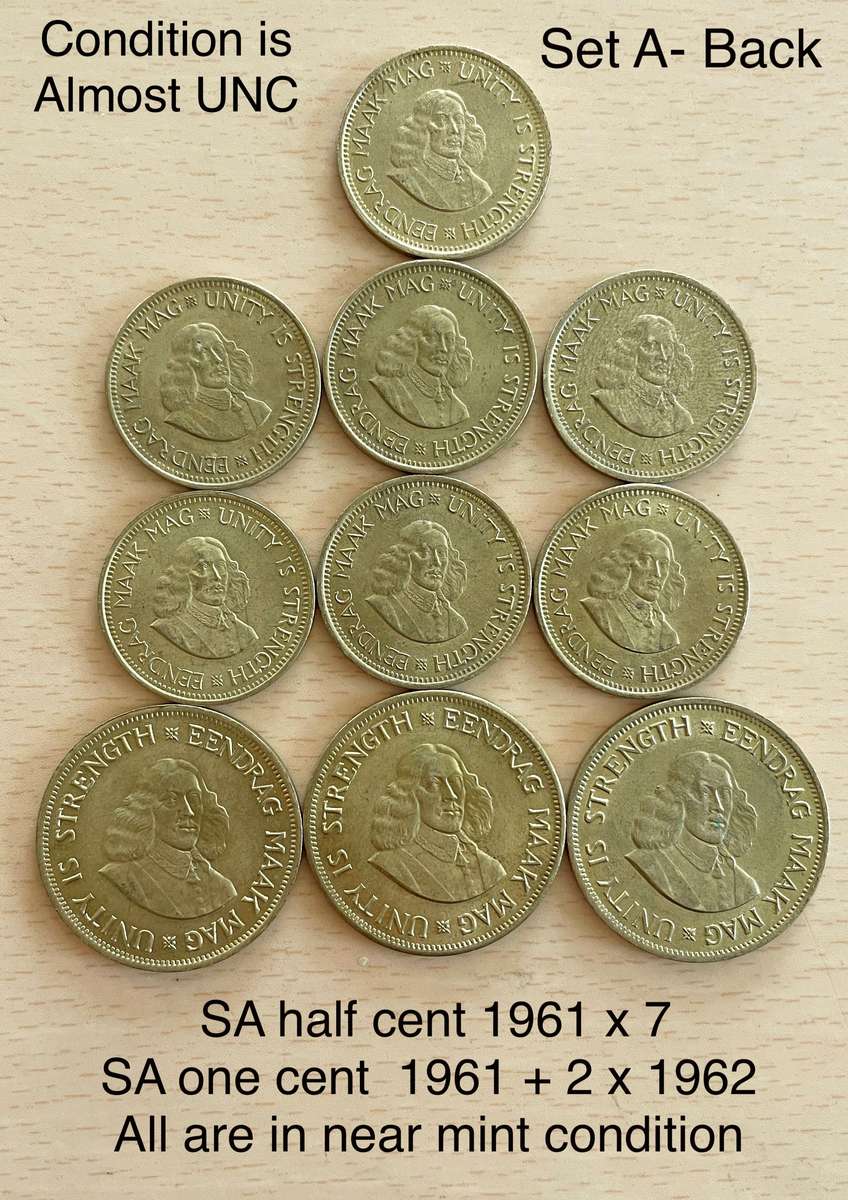 1961 to 1964 SA 1/2c and 1c coins. Buyer gets all 55 coins. 10 coins are UNC or AUNC