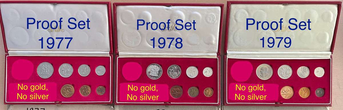 SA Proof sets 1977+1978+1979. Buyer takes all 3 sets. Half cents- rare, never made for circulation.