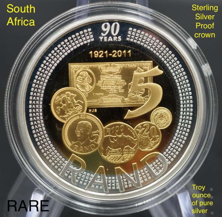 Rare Ultra cameo proof 2011 SA sterling silver, crown size R5 coin. Has a full ounce of pure silver.