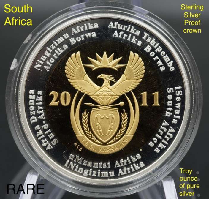 Rare Ultra cameo proof 2011 SA sterling silver, crown size R5 coin. Has a full ounce of pure silver.