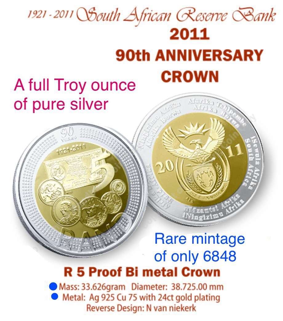 Rare Ultra cameo proof 2011 SA sterling silver, crown size R5 coin. Has a full ounce of pure silver.