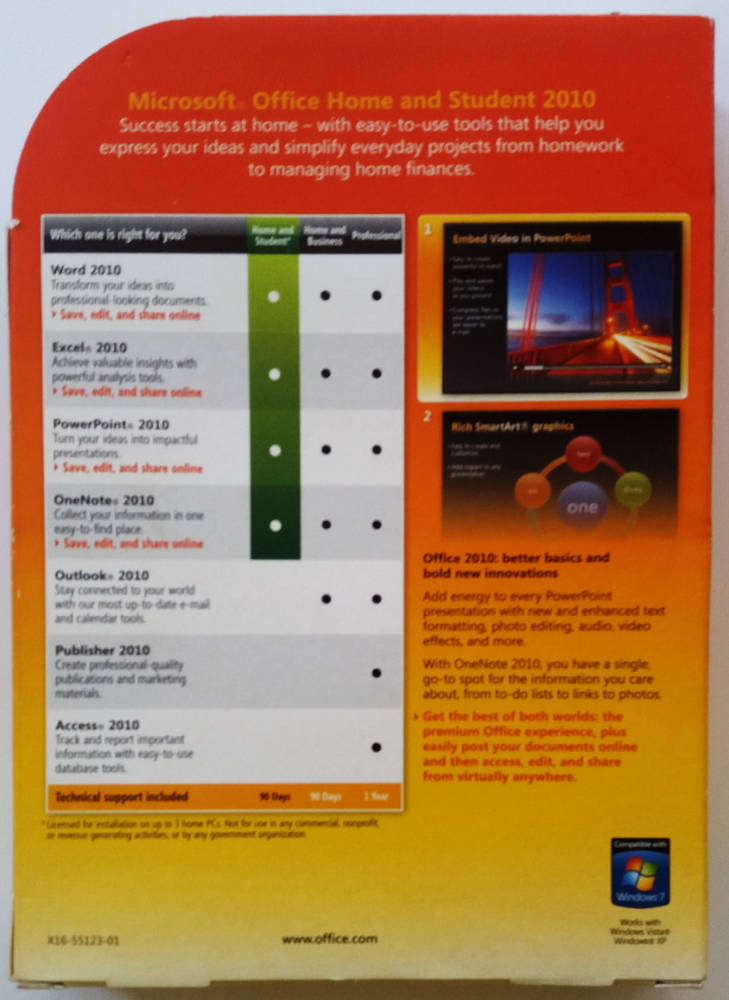 Microsoft Office Home and Student 2010 Word - Excel - PowerPoint - OneNote - licensed for 3 pc's
