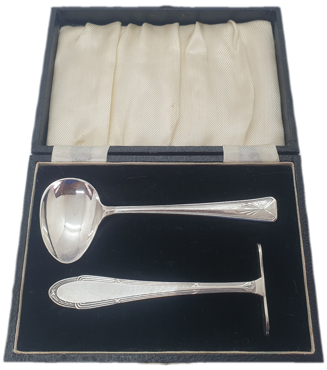 Antique German WMF 1/0 SILVER PLATED EPNS A1 BABY SPOON & PUSHER SET/ BABY FEEDING CUTLERY Boxed