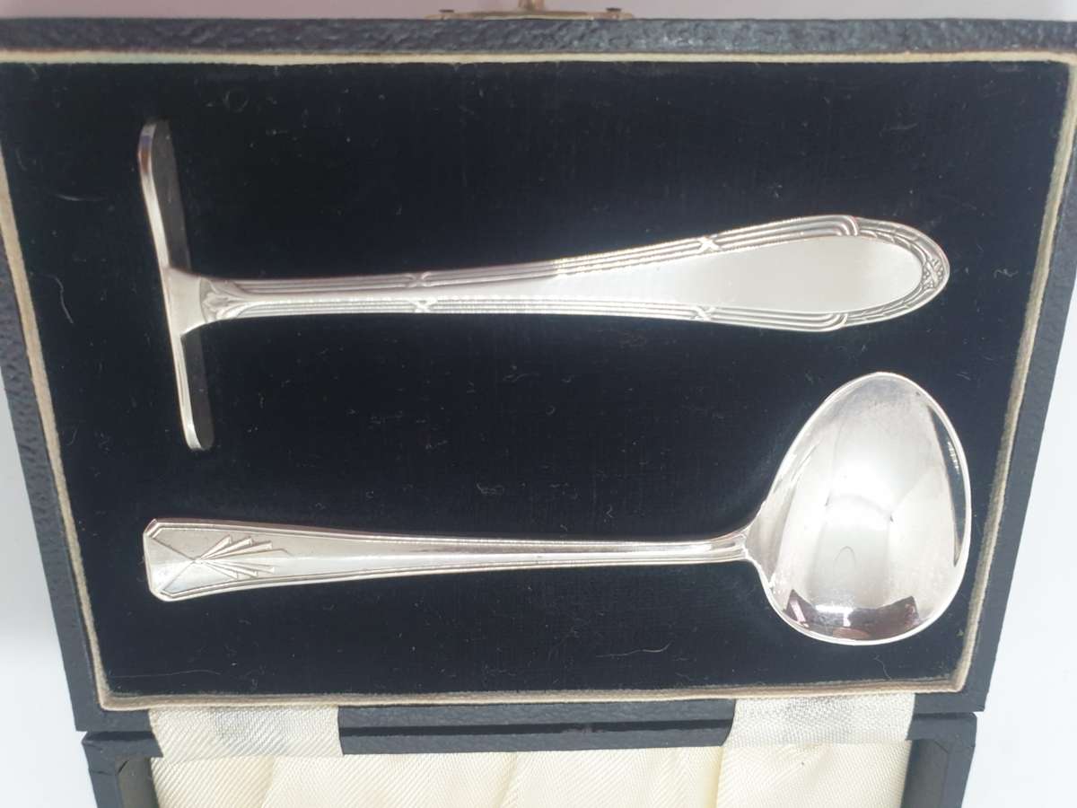 Antique German WMF 1/0 SILVER PLATED EPNS A1 BABY SPOON & PUSHER SET/ BABY FEEDING CUTLERY Boxed