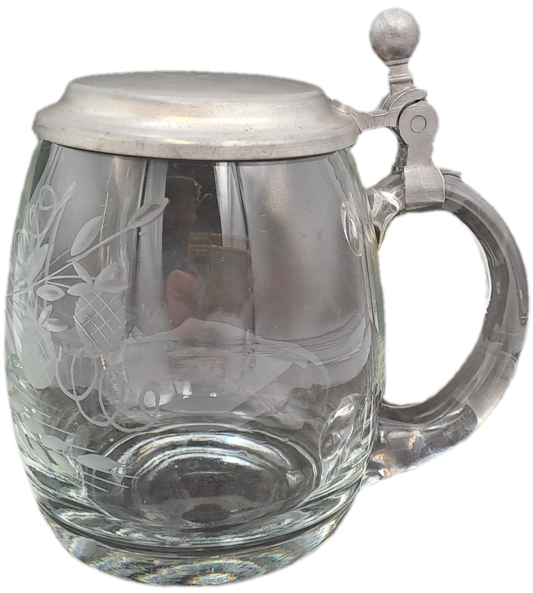 Vintage Cut Glass Beer Stein Tankard with Pewter Lid