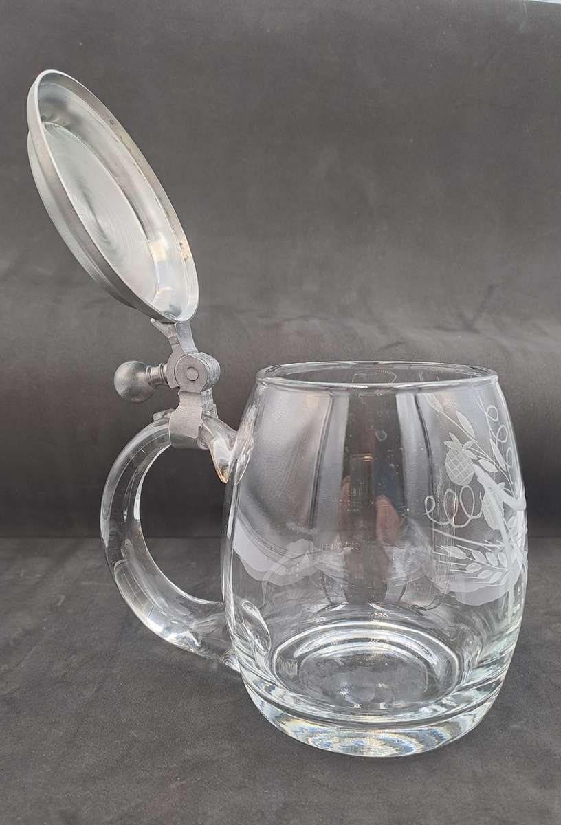 Vintage Cut Glass Beer Stein Tankard with Pewter Lid