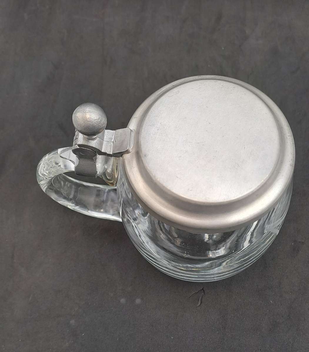 Vintage Cut Glass Beer Stein Tankard with Pewter Lid