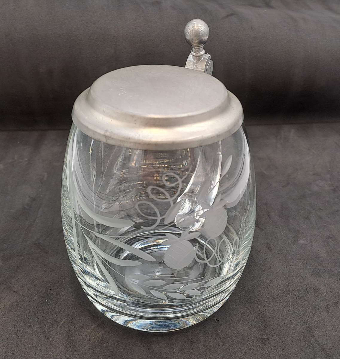 Vintage Cut Glass Beer Stein Tankard with Pewter Lid