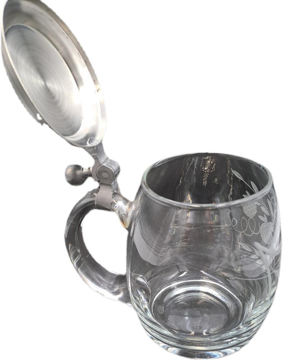 Vintage Cut Glass Beer Stein Tankard with Pewter Lid