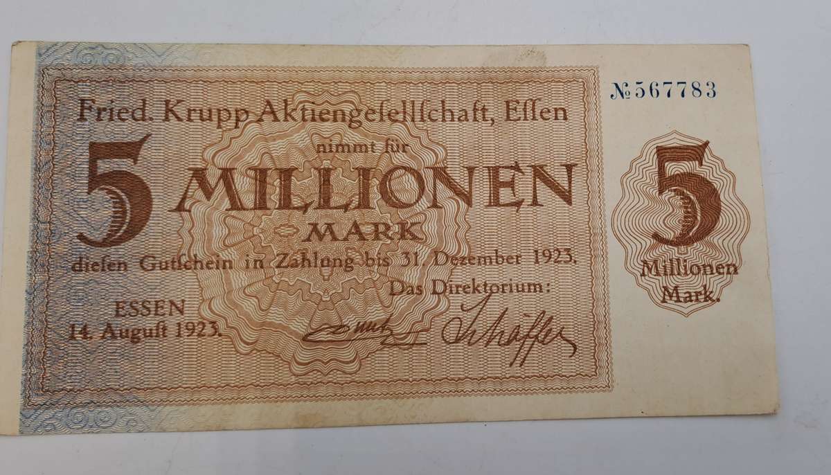 1923 German notgeld  Rhine, Prussian province of  Essen, City of 5 000 000 Mark Krupp