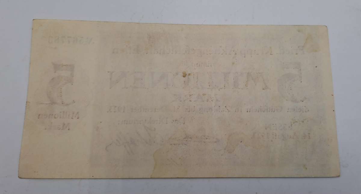 1923 German notgeld  Rhine, Prussian province of  Essen, City of 5 000 000 Mark Krupp