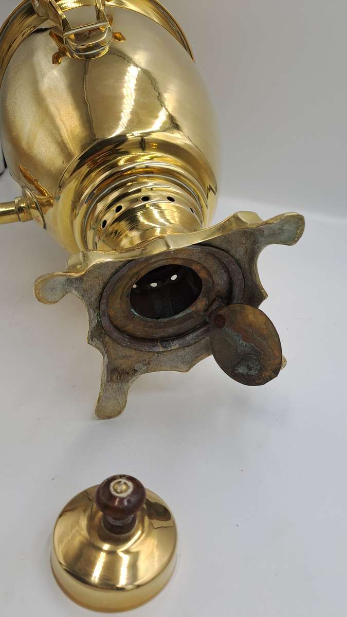 Large Russian Samovar 55cm Tall Brass with wooden Handles and Knobbs on Wooden Stand.