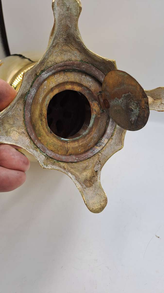 Large Russian Samovar 55cm Tall Brass with wooden Handles and Knobbs on Wooden Stand.