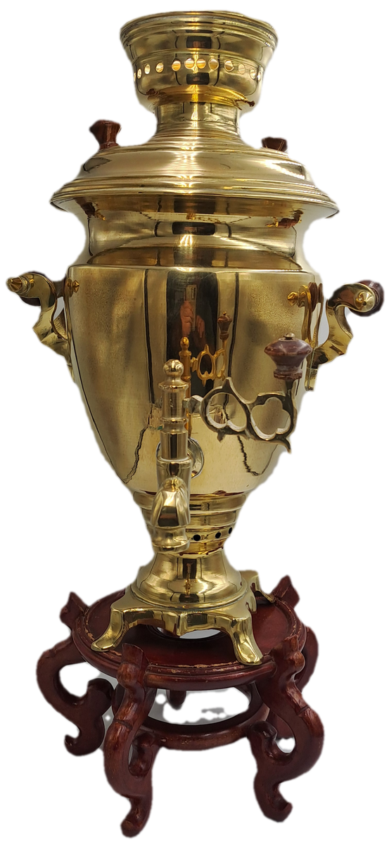 Large Russian Samovar 55cm Tall Brass with wooden Handles and Knobbs on Wooden Stand.
