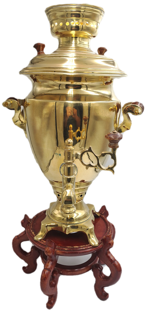 Large Russian Samovar 55cm Tall Brass with wooden Handles and Knobbs on Wooden Stand.