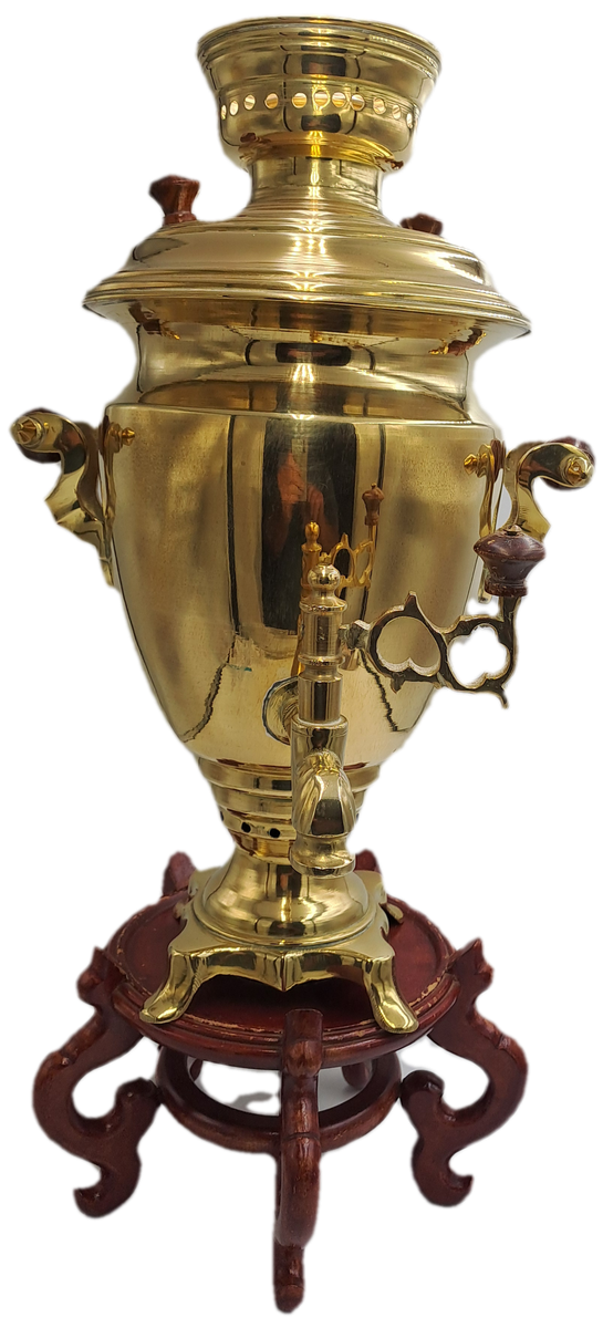 Large Russian Samovar 55cm Tall Brass with wooden Handles and Knobbs on Wooden Stand.