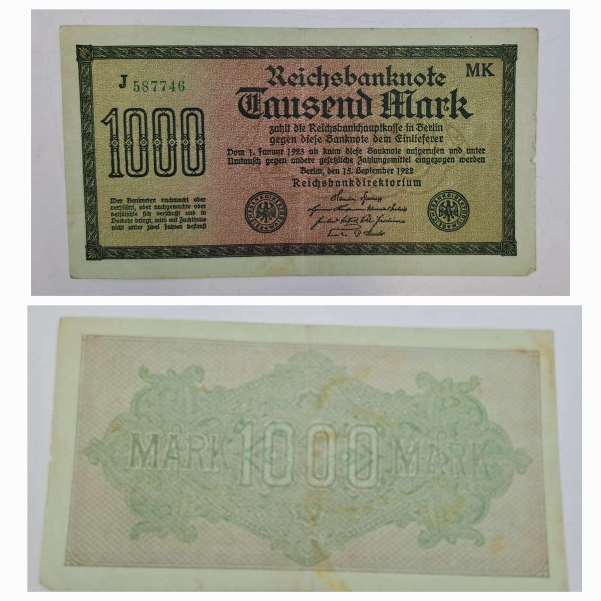1922 Germany (1871-1948) 1000 Mark Reichsbanknote