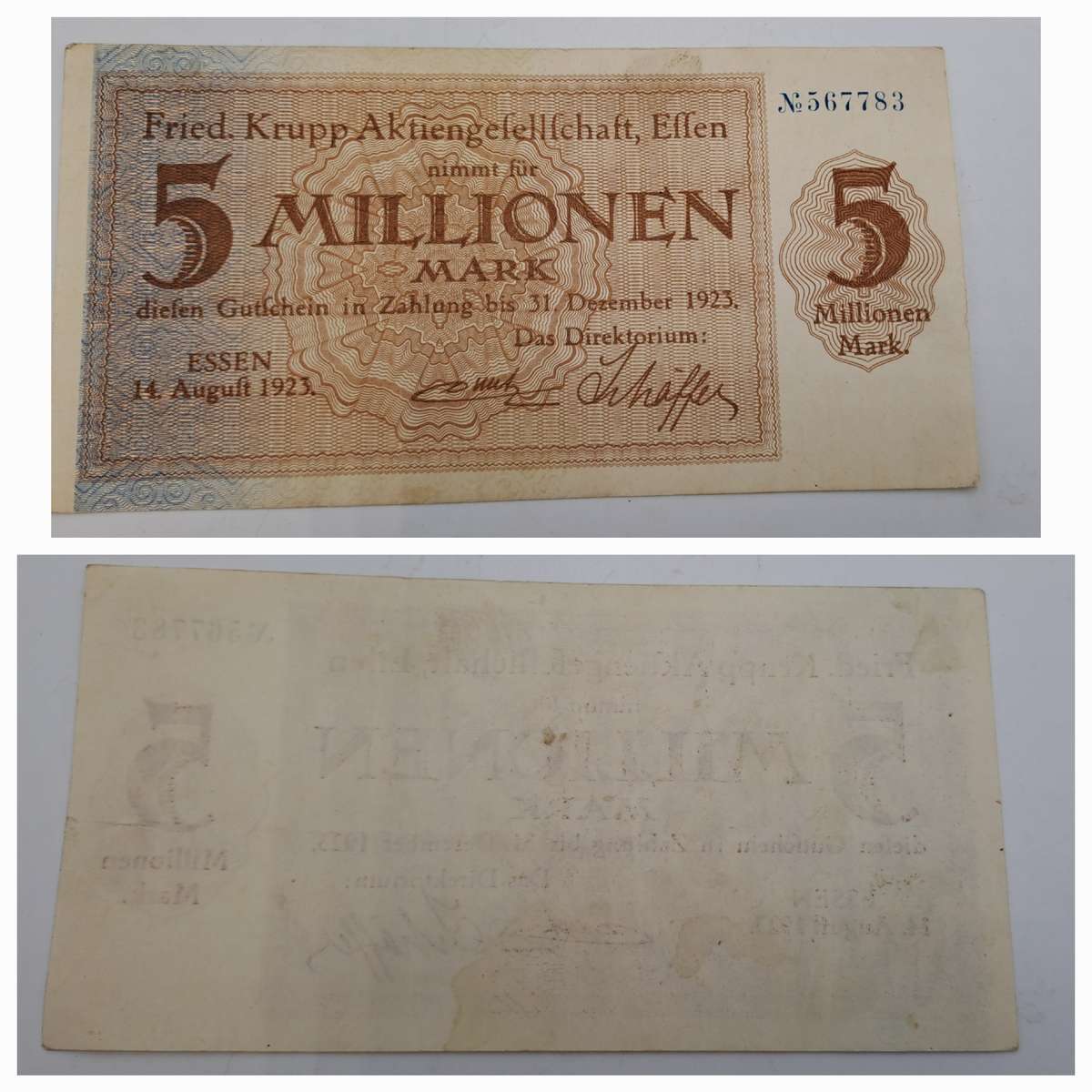 1923 German notgeld  Rhine, Prussian province of  Essen, City of 5 000 000 Mark Krupp