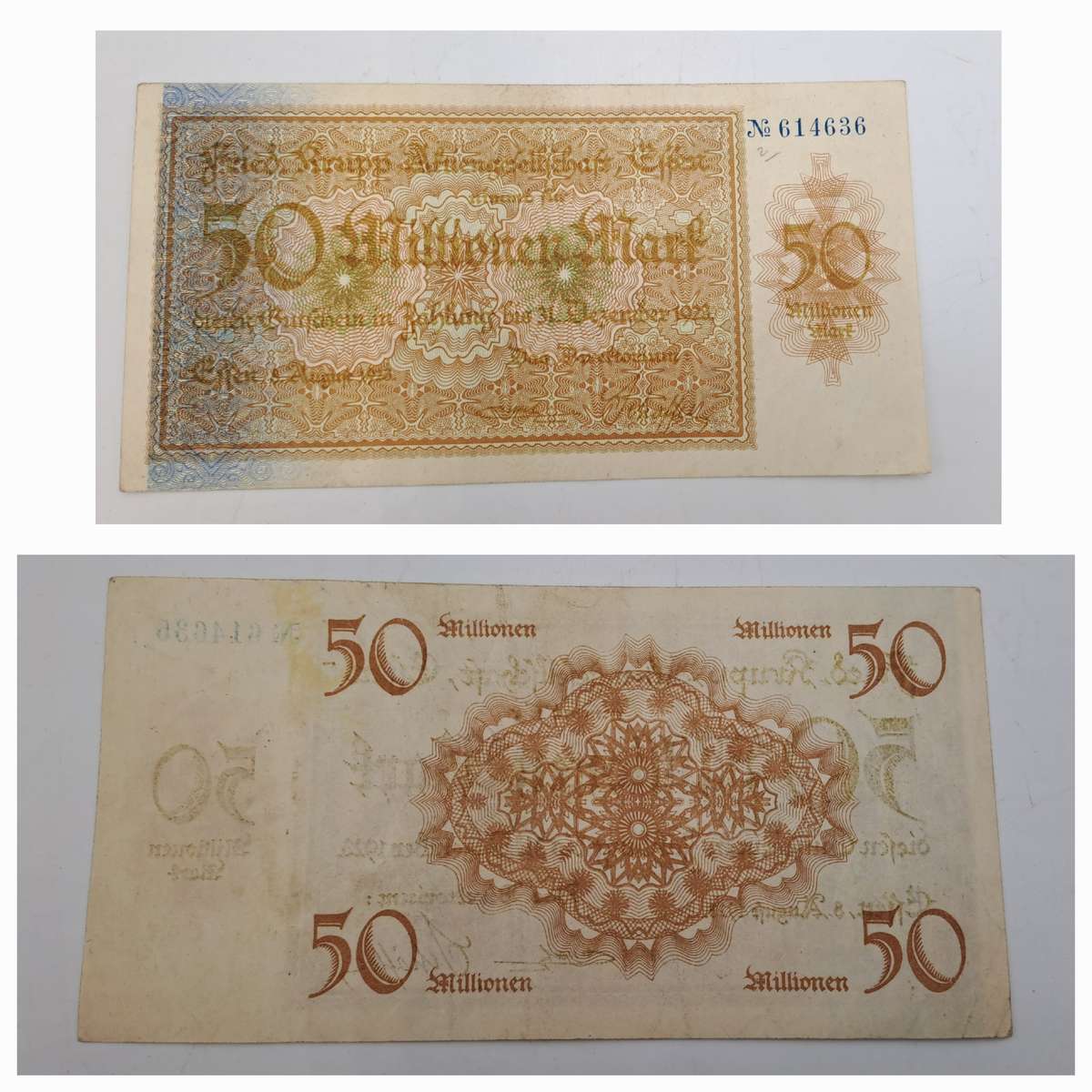 1923  German notgeld  Rhine, Prussian province of  Essen, City of 50 000 000 Mark Krupp