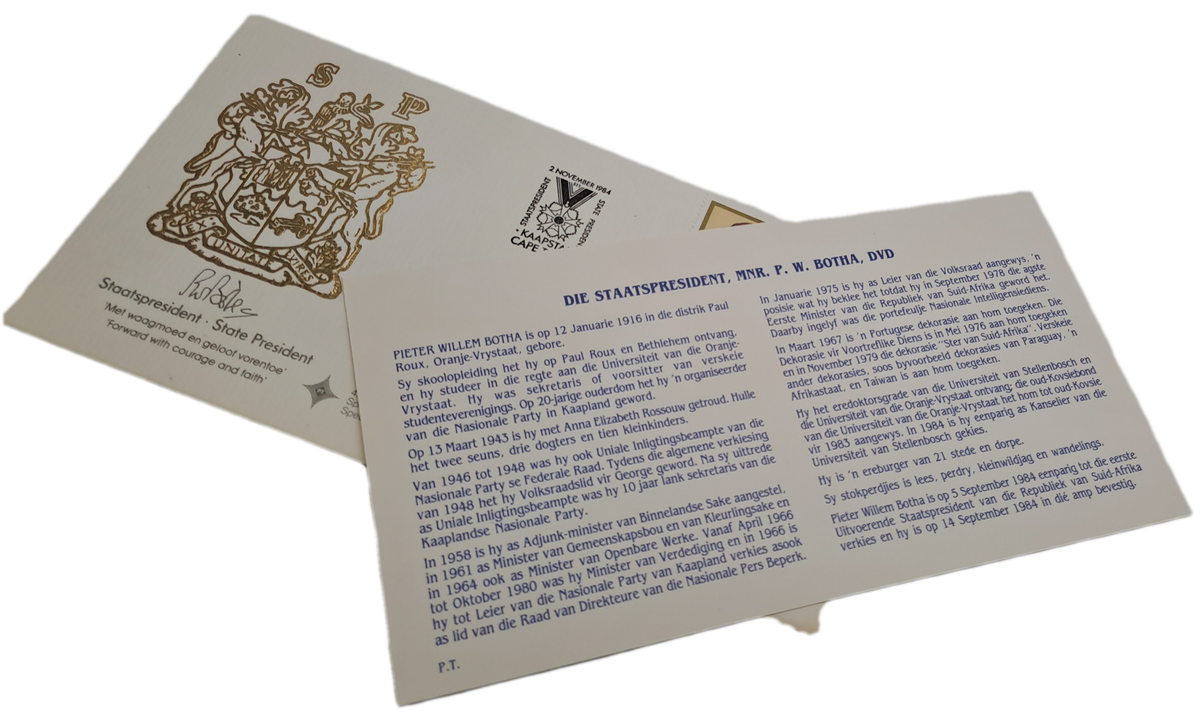 2 November 1984 FDC State President PW Botha Cape Town (3 Available)