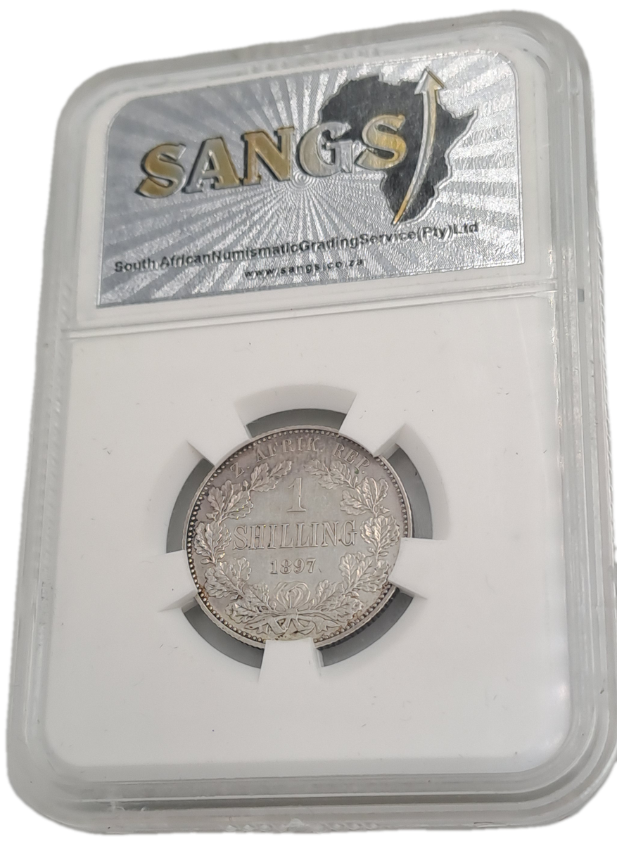 1897 ZAR -Zuid Afrikaansche Republiek-Silver 1 Shilling SANGS Graded AU -Polished