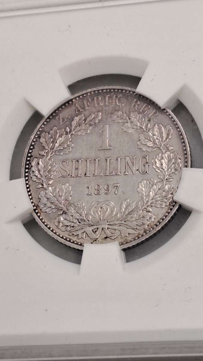 1897 ZAR -Zuid Afrikaansche Republiek-Silver 1 Shilling SANGS Graded AU -Polished