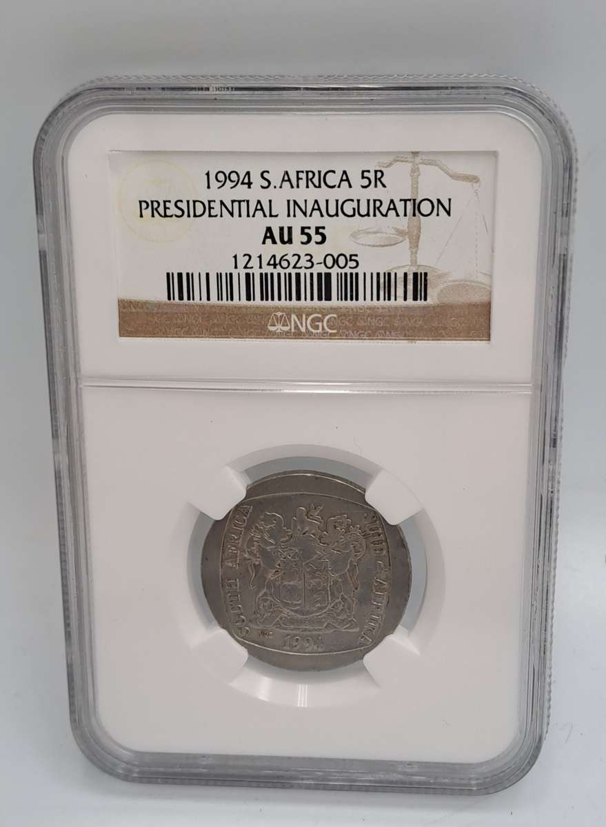 1994 South Africa R5 Mandela Presidential inauguration NGC Graded AU 55
