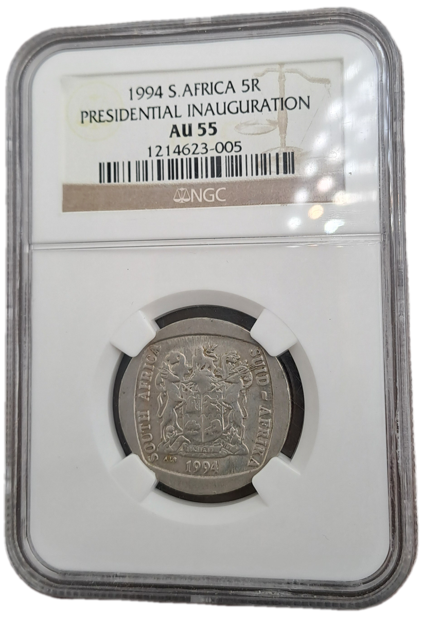 1994 South Africa R5 Mandela Presidential inauguration NGC Graded AU 55