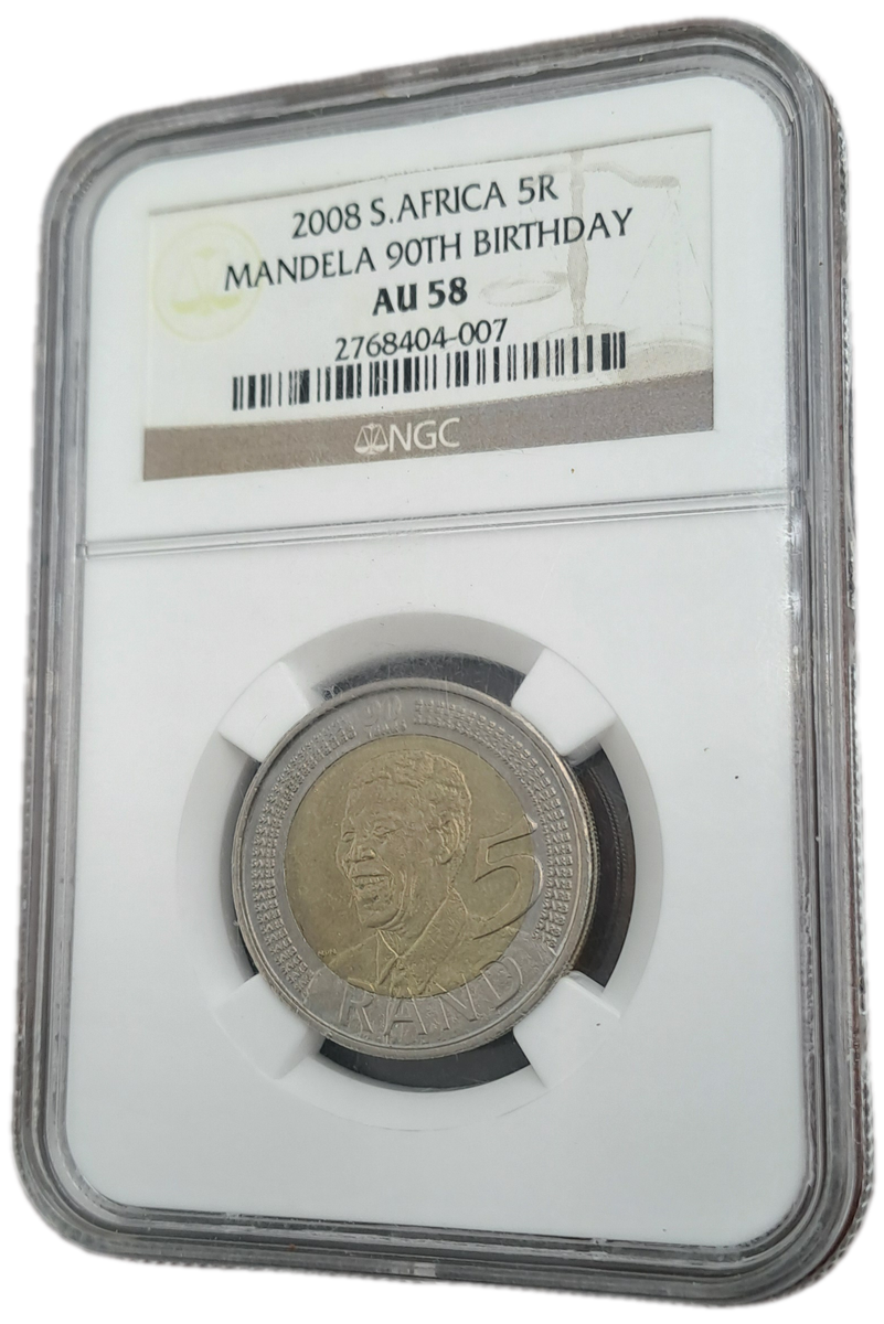 2008 South Africa R5 Mandela 90th Birthday NGC Graded AU 58