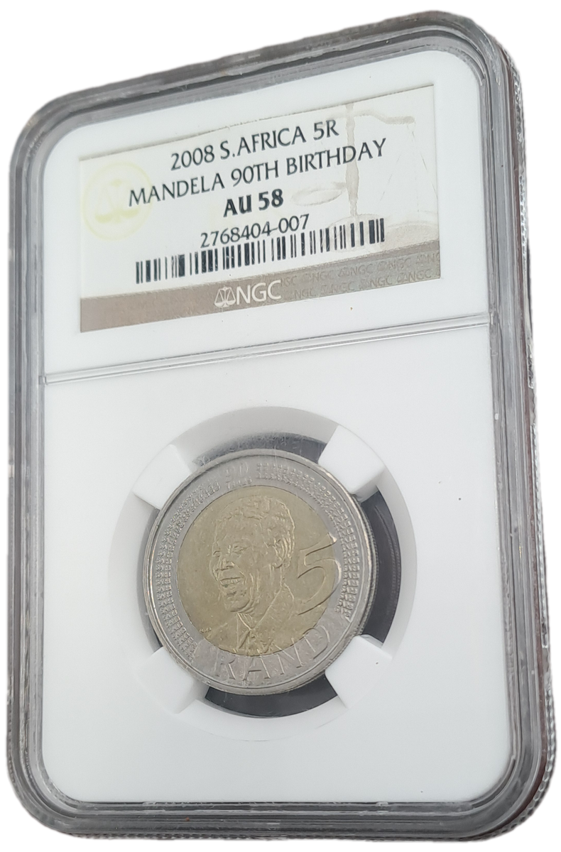 2008 South Africa R5 Mandela 90th Birthday NGC Graded AU 58