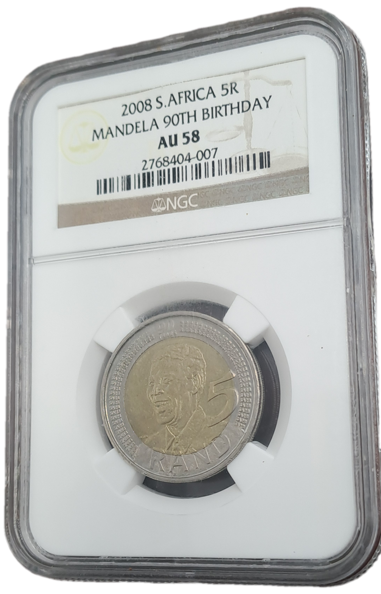 2008 South Africa R5 Mandela 90th Birthday NGC Graded AU 58