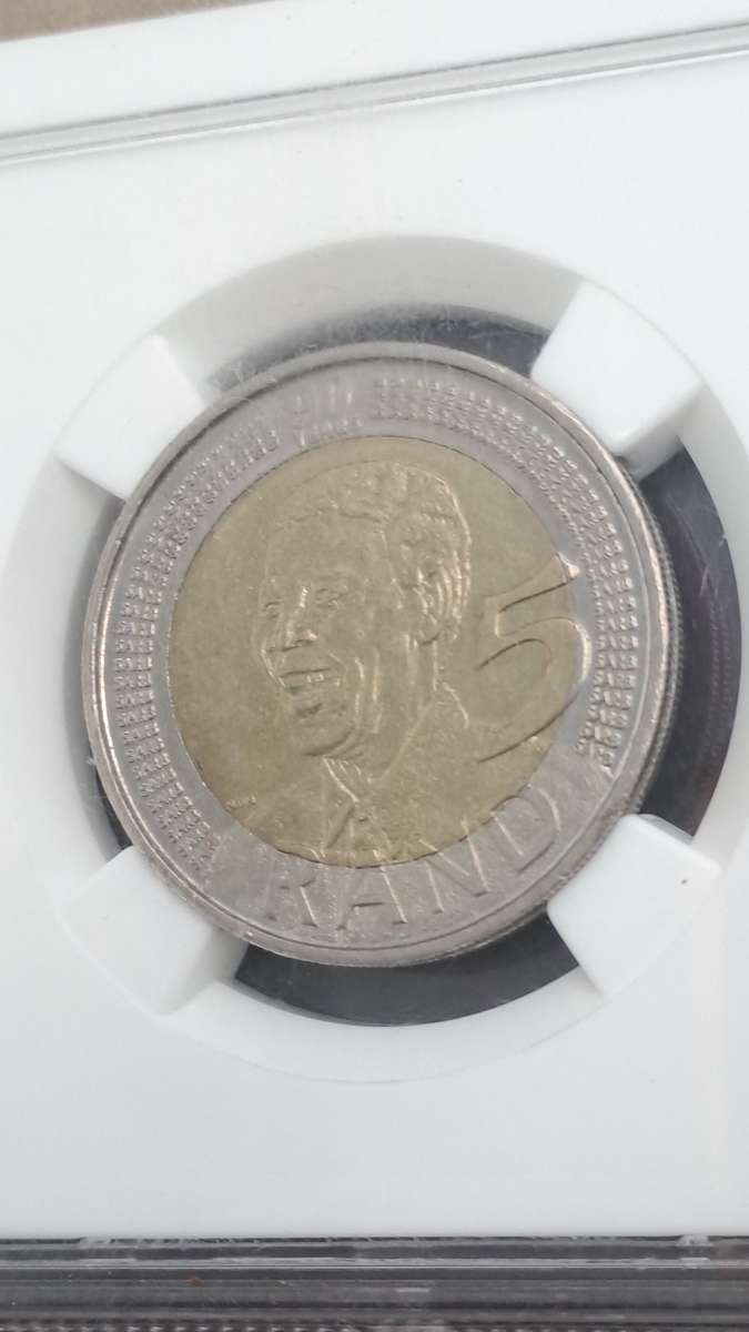 2008 South Africa R5 Mandela 90th Birthday NGC Graded AU 58