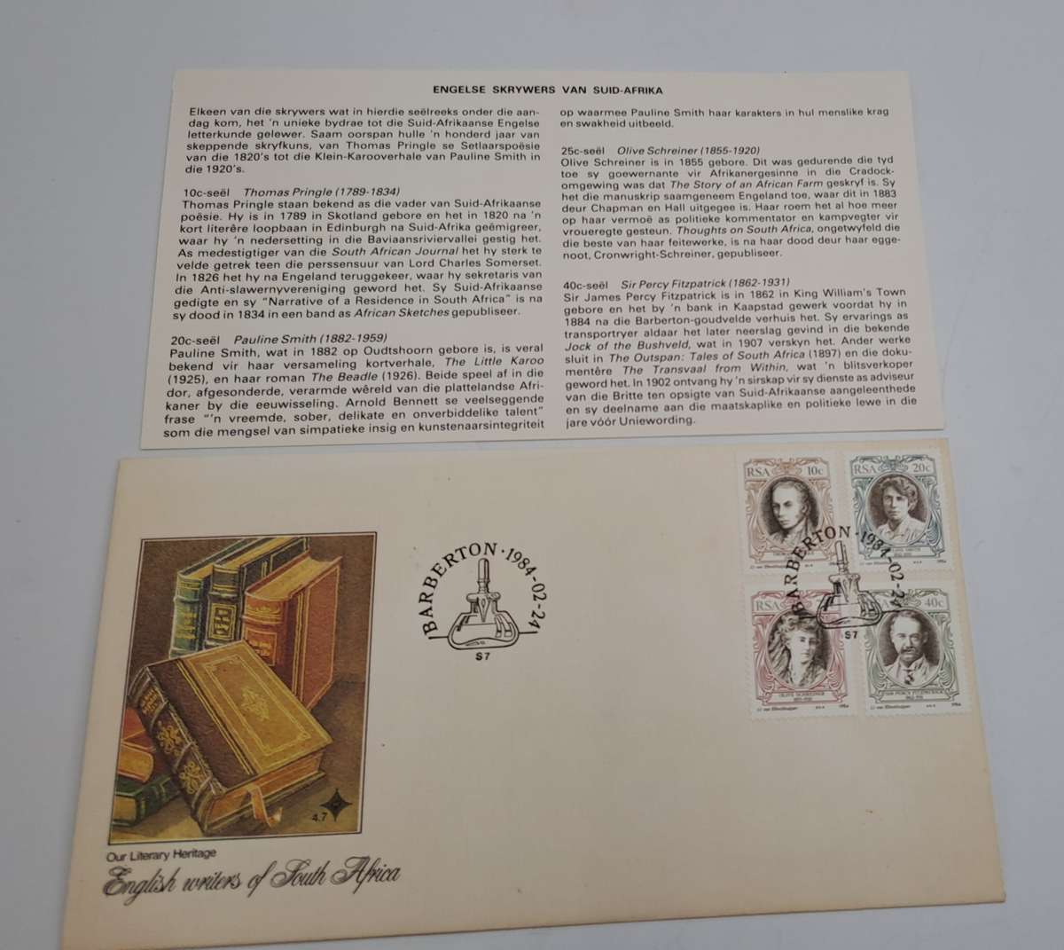 1984 SOUTH AFRICA FDC-First day Cover Barbeton -English Writers of S.A-(3 Available)