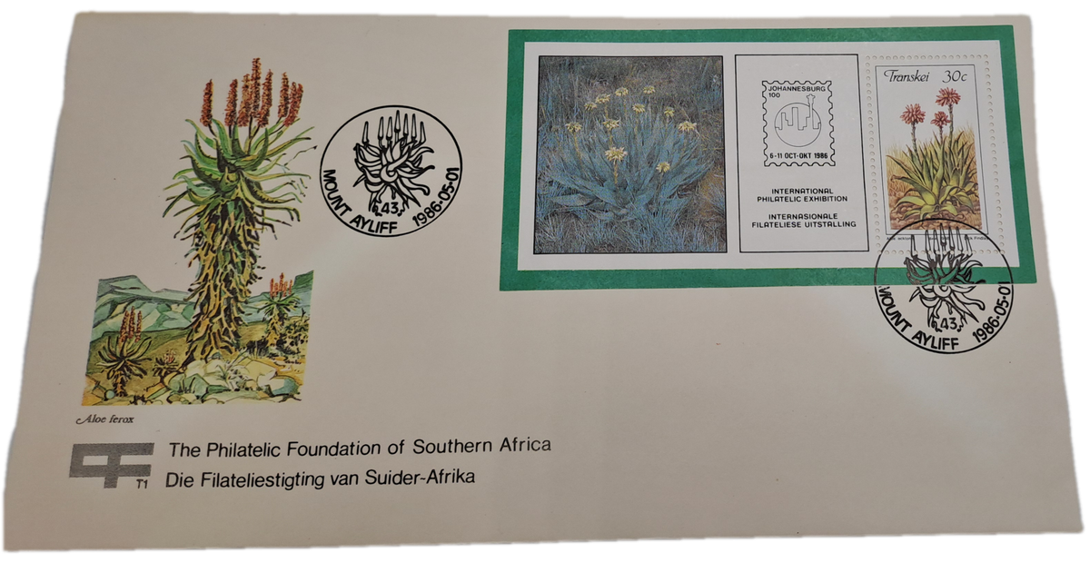 1986-05-01 South Africa JHB 100 -Transkei FDC PLUS Stamp -Mount Ayliff -Aloes(6 sets Available)