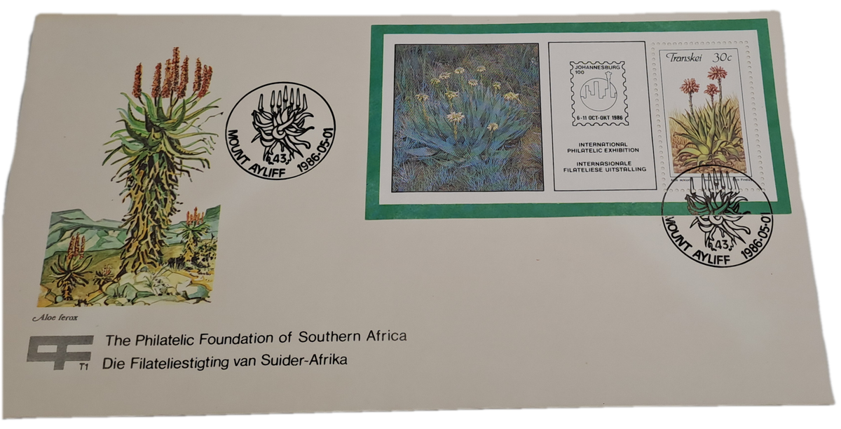 1986-05-01 South Africa JHB 100 -Transkei FDC PLUS Stamp -Mount Ayliff -Aloes(6 sets Available)