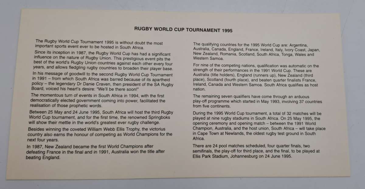 Rugby 1995 World Cup -FDC (First Day Cover) 6.14C 1995-05-25 (2 Available)