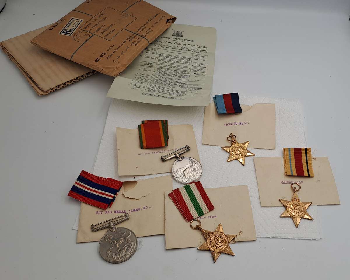 Group of 5 WW2 Full Size Medals with Ribbons in Original packaging issued to S.A Smyth -Engraved