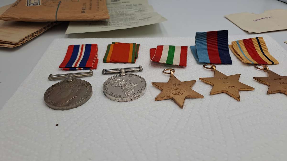 Group of 5 WW2 Full Size Medals with Ribbons in Original packaging issued to S.A Smyth -Engraved