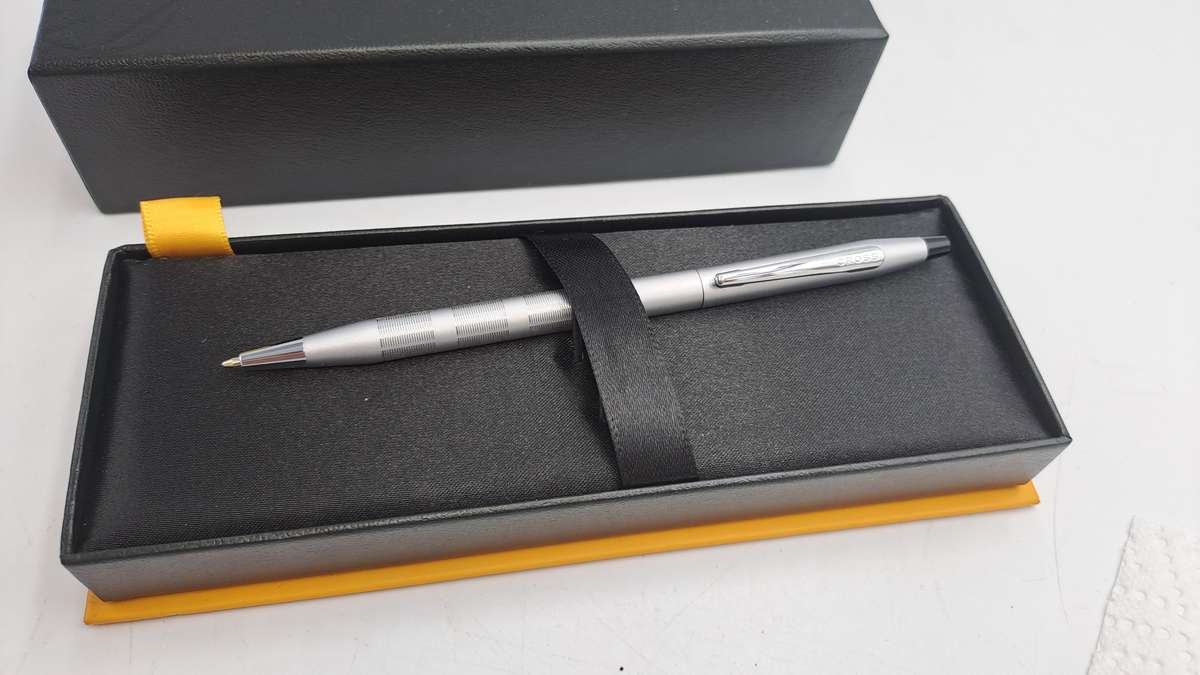 Pre-Owned Cross Century Satin Chrome Ball Pen in Box with sleeve -Ink Is Good