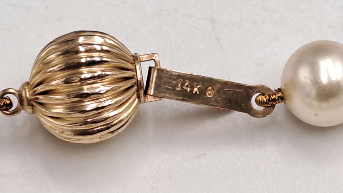 Vintage 84cm Faux? Pearl Necklace with a 14kt Gold Clasp