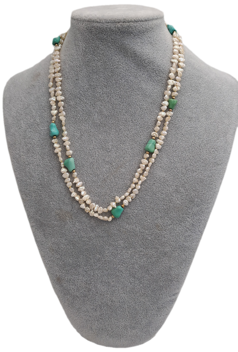 96cm Fresh Water Pearl Necklace with Turquoise stones