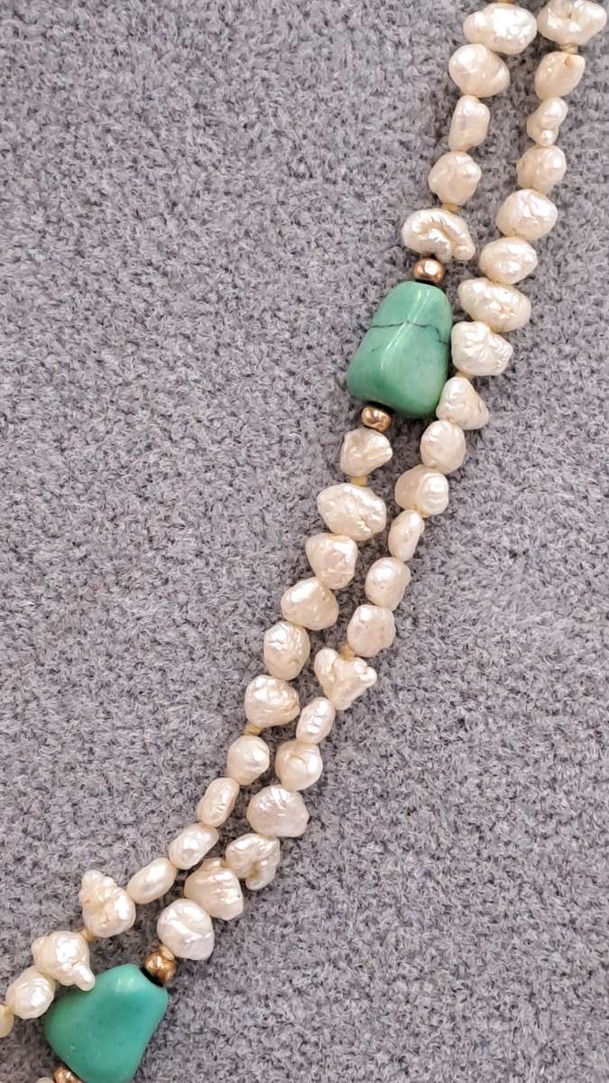 96cm Fresh Water Pearl Necklace with Turquoise stones