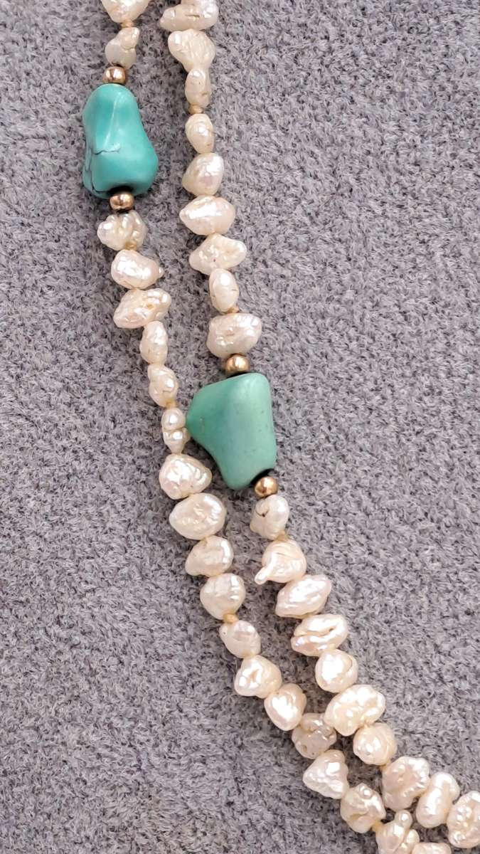96cm Fresh Water Pearl Necklace with Turquoise stones