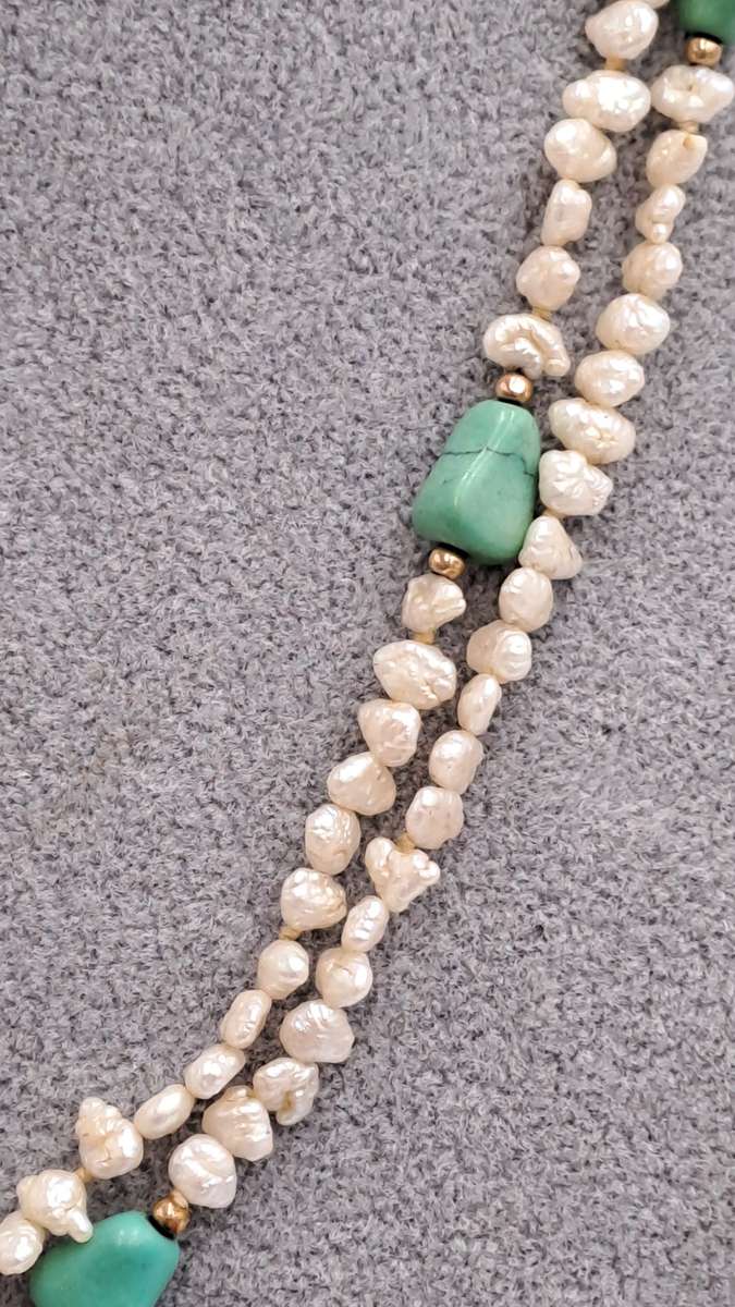 96cm Fresh Water Pearl Necklace with Turquoise stones
